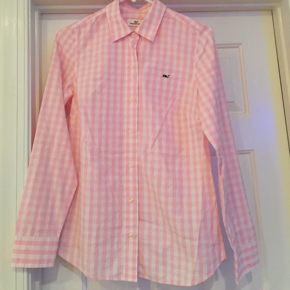 Vineyard vines pink gingham button up shirt size 2